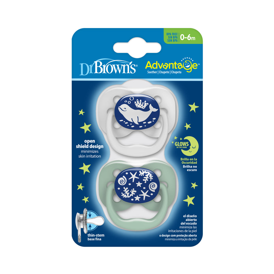 Dr. Brown’s™ Advantage™ Karanlıkta Parlayan Yalancı Emzik Mavi Okyanus,- 1. Evre